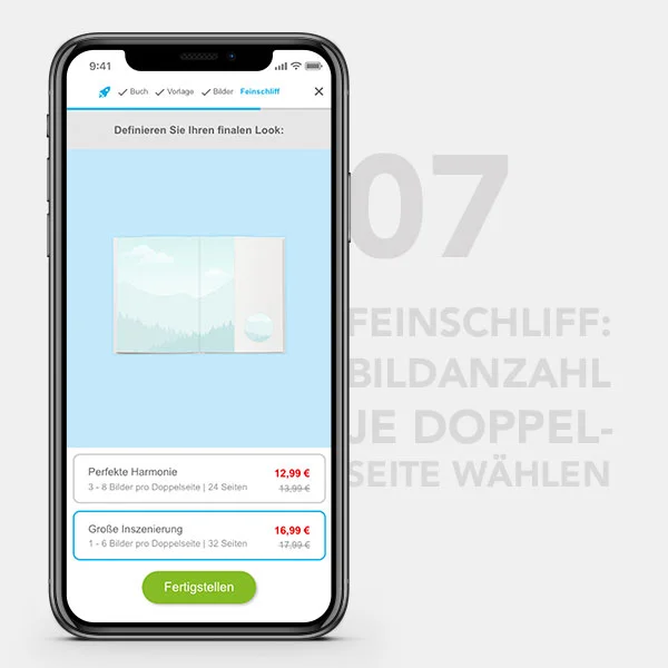 Fotobuch Schnellkonfigurator Mobile Screen 7 - Feinschliff: Bildanzahl je Doppelseite wählen